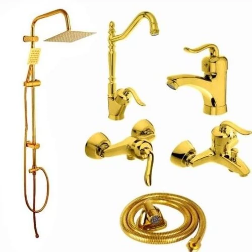 ست کامل شیرآلات اهرمی قاجاری طلایی با دوش دوکاره و شیلنگ توالت (پس کرایه)