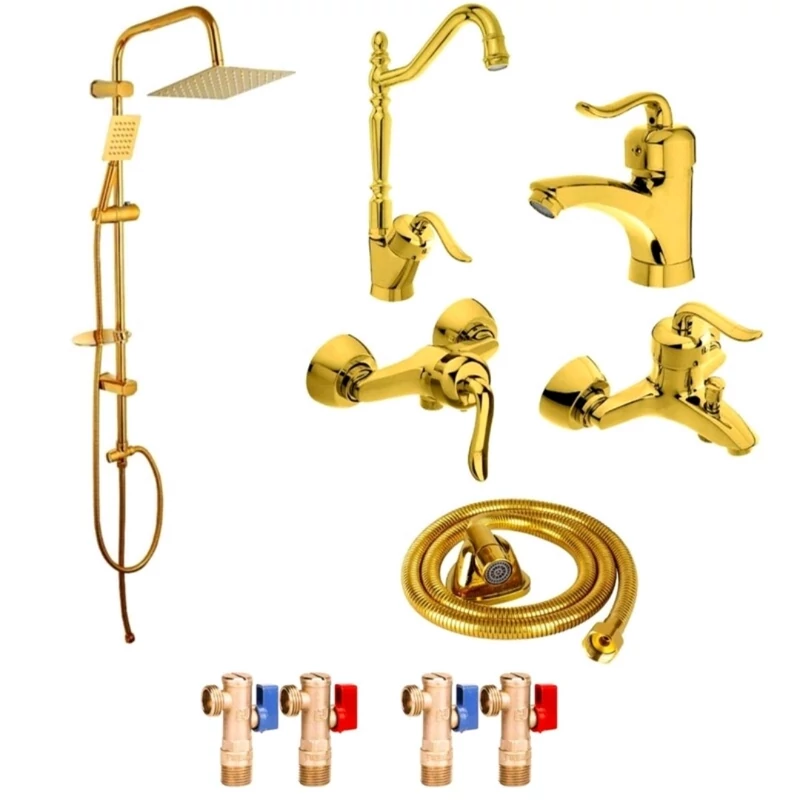 ست 10 تایی شیرآلات قاجاری طلایی با علم دوش دوکاره طلایی و شیلنگ توالت طلایی (پس کرایه)