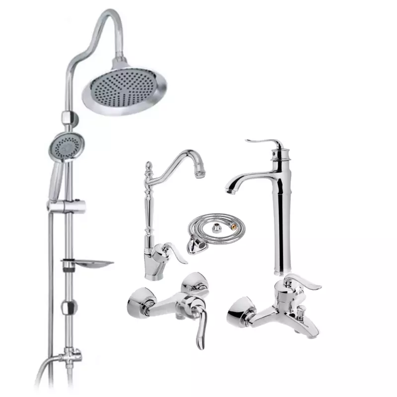 ست 6 تایی شیرآلات قاجاری کروم با روشویی پایه بلند و علم دوش شیپوری و شیلنگ توالت (پس کرایه)