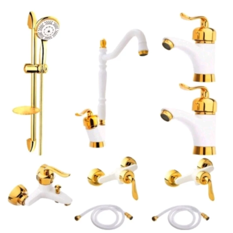 ست 9 تایی شیرآلات قاجاری سفید طلایی با علم دوش تک کاره طلایی (پس کرایه)