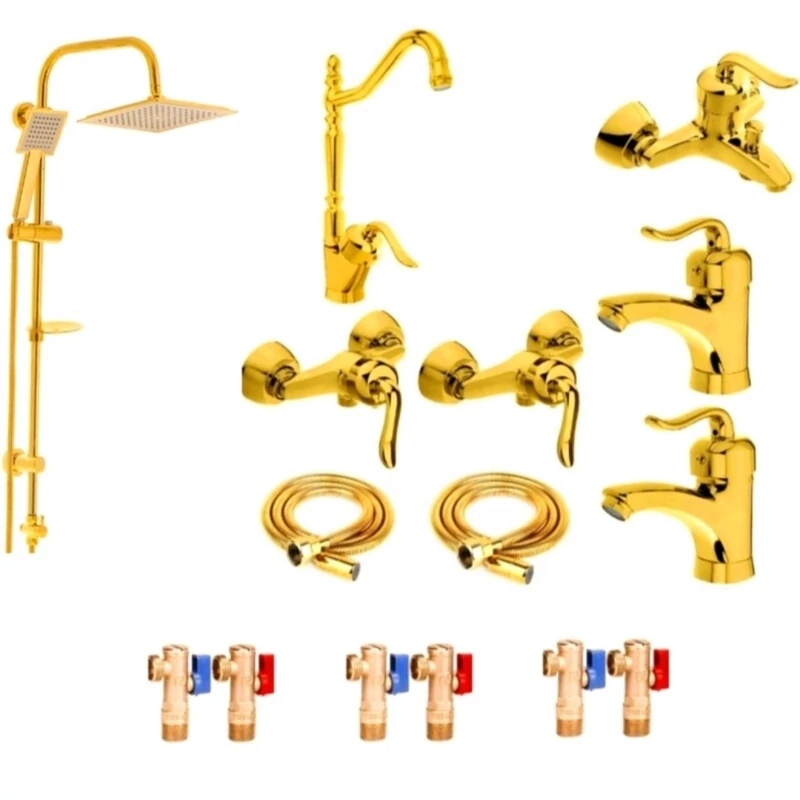 ست 15 عددی شیرآلات قاجاری طلایی با علم دوش دوکاره طلایی و شیلنگ توالت (پس کرایه)