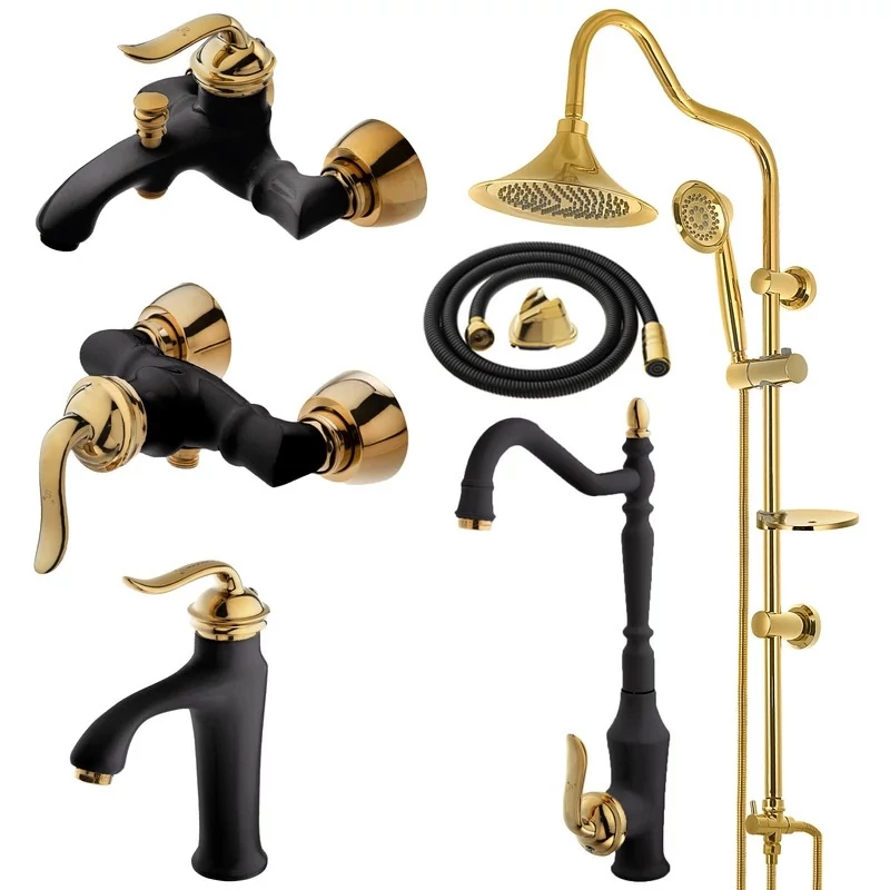 ست 6 تایی شیرآلات هلن مشکی طلایی و علم دوش شیپوری و شیلنگ توالت (پس کرایه)