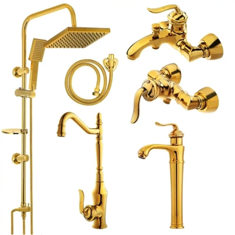 ست 6 تایی شیرآلات هلن طلایی با شیر روشویی پایه بلند و علم دوش دوکاره و شیلنگ توالت(پس کرایه)