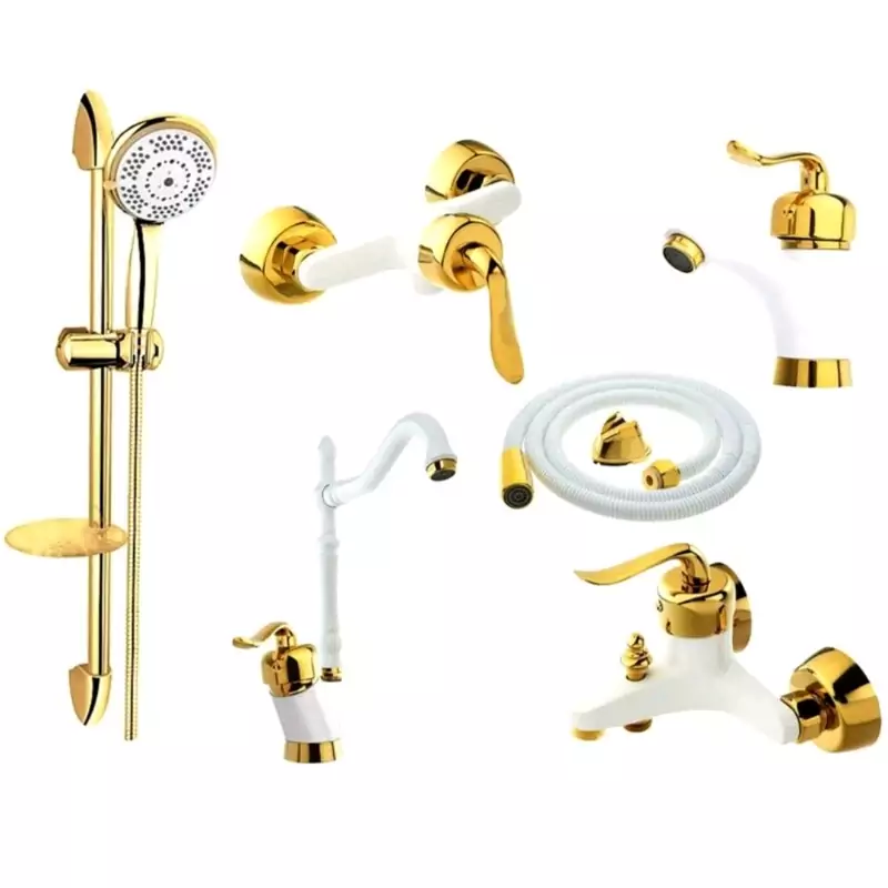 ست 6 تایی شیرآلات قاجاری سفید طلایی با علم دوش تک کاره طلایی و شیلنگ توالت (پس کرایه)