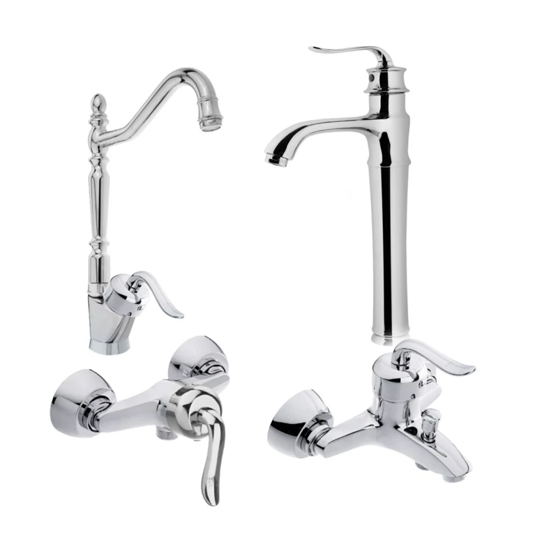 ست 4 تیکه شیرآلات قاجاری کروم با شیر روشویی پایه بلند(پس کرایه)